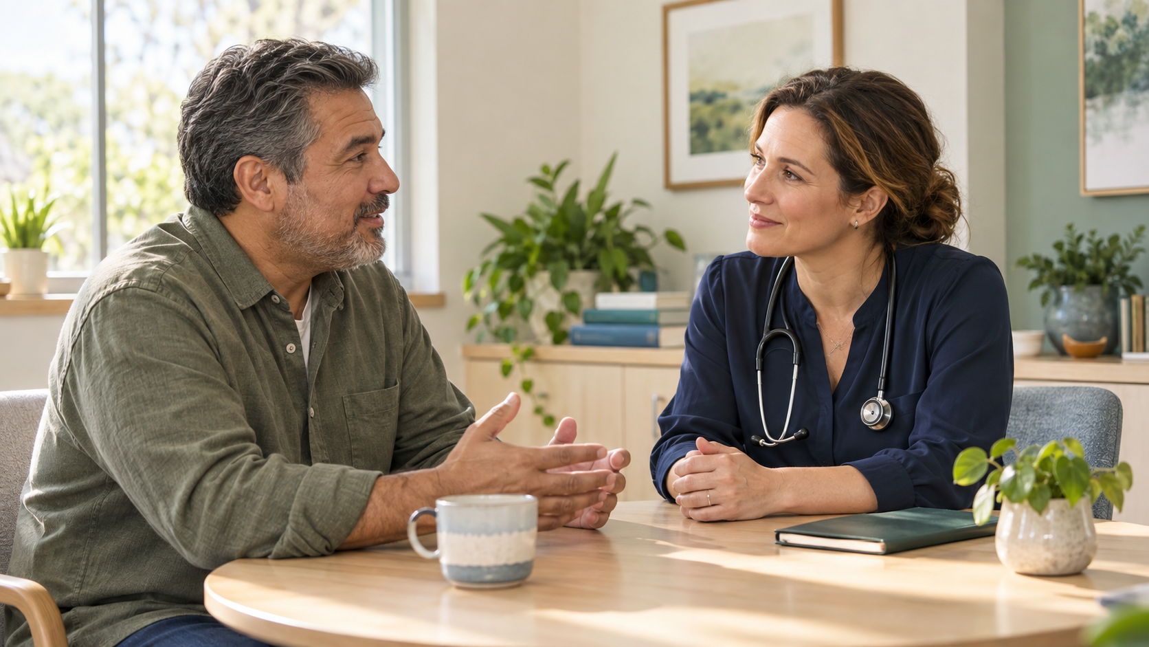 Illustrative scene of a clinician listening to an adult across a table