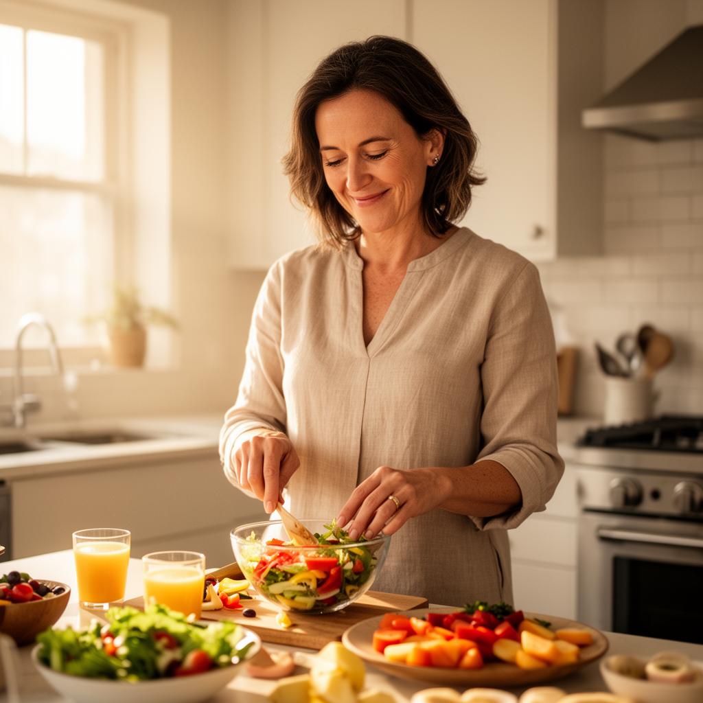 Preparing a fresh, colorful meal in a sunlit kitchen