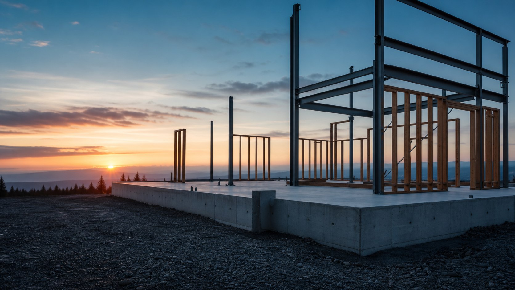 The frame of a building taking shape at sunrise