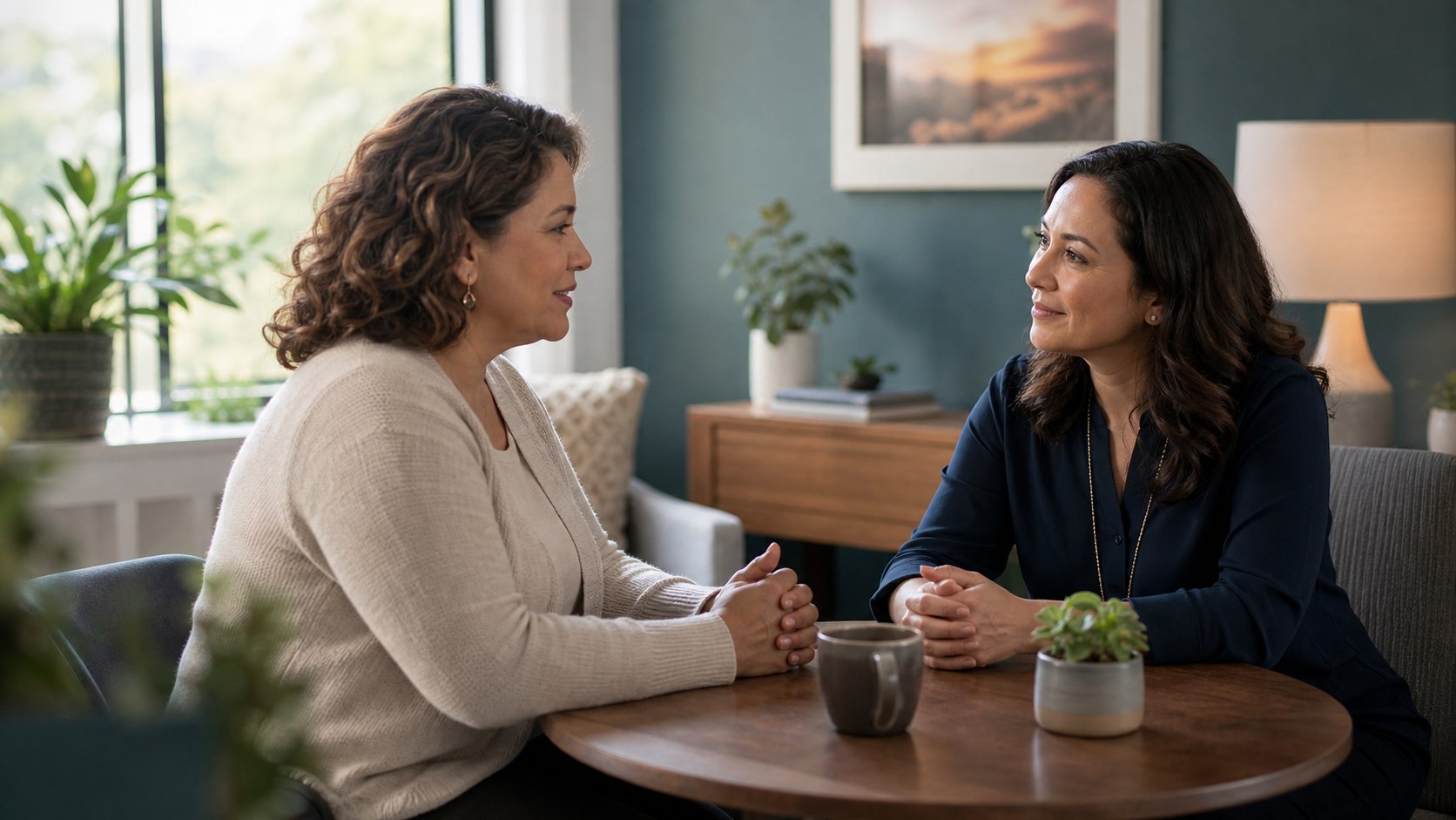 Two women talking together at a table
