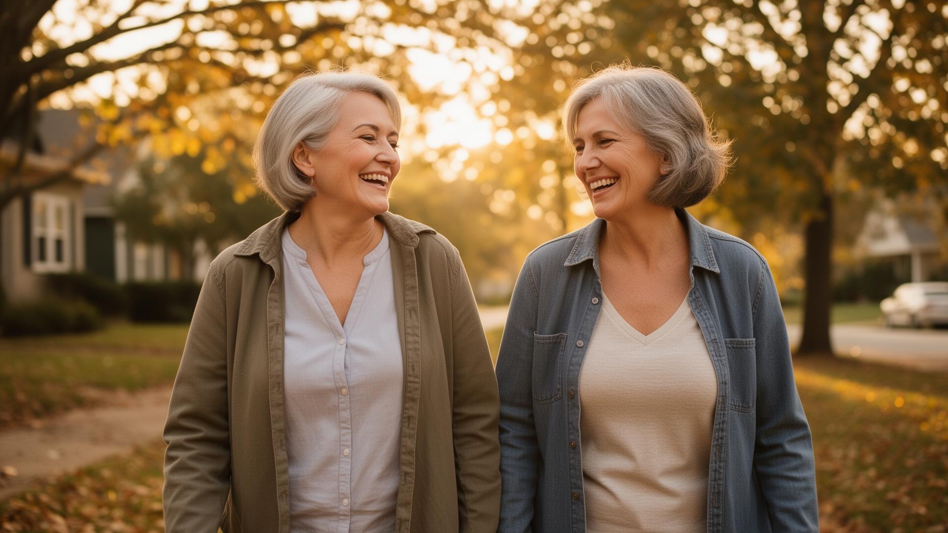 Two friends walking together outdoors at golden hour
